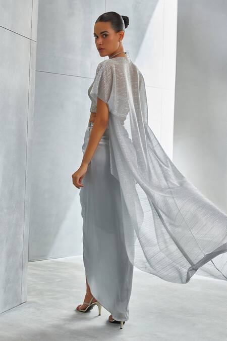 Buy Namrata Joshipura Silver Shimmer Crepe Hand Embellished Sequins Top Scoop Cape And Draped Skirt Set Online at Aza Fashions Buy_Namrata Joshipura_Silver Shimmer Crepe Hand Embellished Sequins Top Scoop Cape And Draped Skirt Set_Online_at_Aza_Fashions