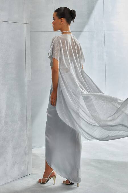 Shop Namrata Joshipura Silver Shimmer Crepe Hand Embellished Sequins Top Scoop Cape And Draped Skirt Set Online at Aza Fashions Shop_Namrata Joshipura_Silver Shimmer Crepe Hand Embellished Sequins Top Scoop Cape And Draped Skirt Set_Online_at_Aza_Fashions