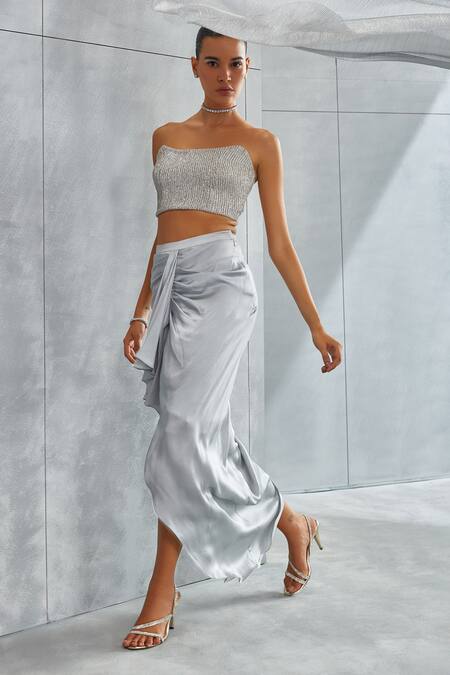 Namrata Joshipura Silver Shimmer Crepe Hand Embellished Sequins Top Scoop Cape And Draped Skirt Set at Aza Fashions Namrata Joshipura_Silver Shimmer Crepe Hand Embellished Sequins Top Scoop Cape And Draped Skirt Set_at_Aza_Fashions