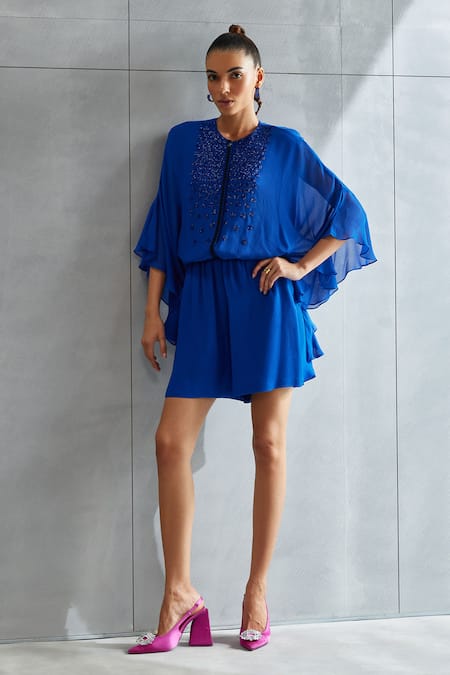 Shop Namrata Joshipura Blue Georgette Placement Embellished Sequins Round Neck Placket Jumpsuit at Aza Fashions Shop_Namrata Joshipura_Blue Georgette Placement Embellished Sequins Round Neck Placket Jumpsuit _at_Aza_Fashions