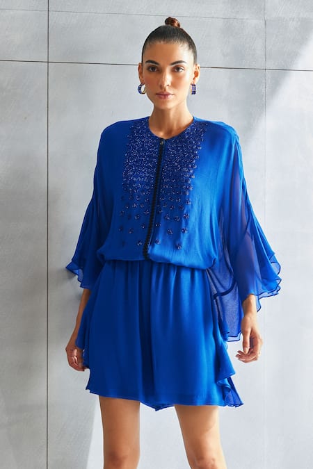 Namrata Joshipura Blue Georgette Placement Embellished Sequins Round Neck Placket Jumpsuit Online at Aza Fashions Namrata Joshipura_Blue Georgette Placement Embellished Sequins Round Neck Placket Jumpsuit _Online_at_Aza_Fashions