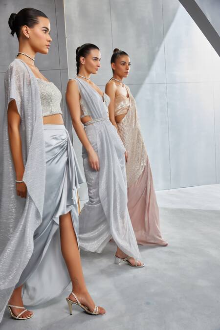 Namrata Joshipura_Silver Crepe Sequins Sweetheart Neck Pre-draped Saree With Embellished Blouse_Online_at_Aza_Fashions