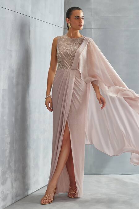 Namrata Joshipura_Pink Chiffon Pearls Round Neck Asymmetric Hemline Embellished Saree Gown_Online_at_Aza_Fashions