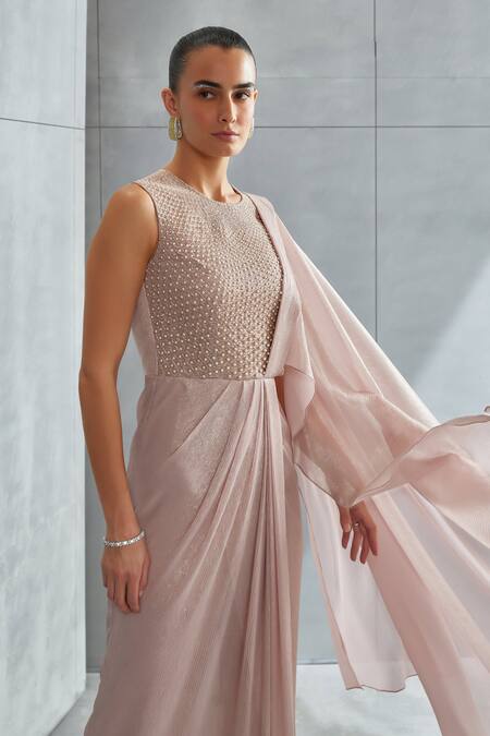 Shop_Namrata Joshipura_Pink Chiffon Pearls Round Neck Asymmetric Hemline Embellished Saree Gown_Online_at_Aza_Fashions