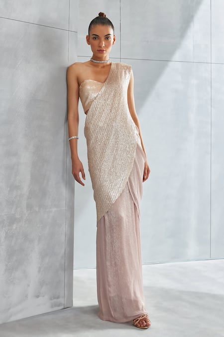 Buy_Namrata Joshipura_Pink Chiffon Sequins Sweetheart Pre-draped Leaf Embellished Saree With Blouse _Online_at_Aza_Fashions