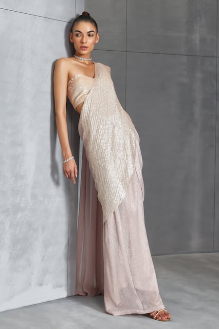 Shop_Namrata Joshipura_Pink Chiffon Sequins Sweetheart Pre-draped Leaf Embellished Saree With Blouse _Online_at_Aza_Fashions