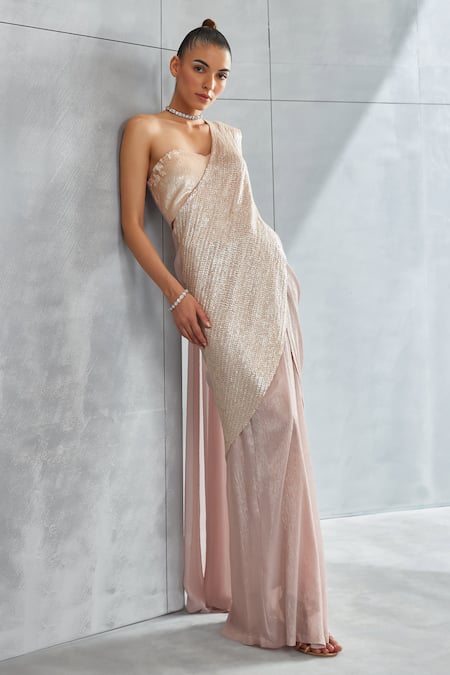 Namrata Joshipura_Pink Chiffon Sequins Sweetheart Pre-draped Leaf Embellished Saree With Blouse _at_Aza_Fashions