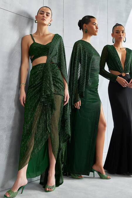 Namrata Joshipura_Green Crepe Sequins Sweetheart Neck Pre-draped Metallic Finish Saree With Blouse_Online_at_Aza_Fashions