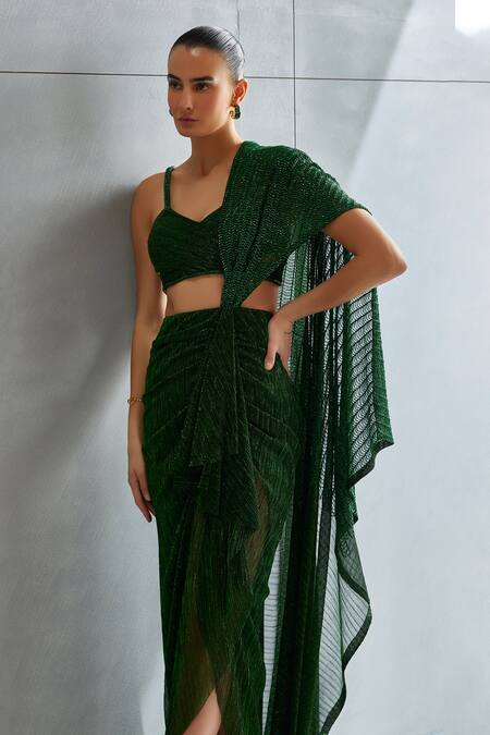 Shop_Namrata Joshipura_Green Crepe Sequins Sweetheart Neck Pre-draped Metallic Finish Saree With Blouse_Online_at_Aza_Fashions