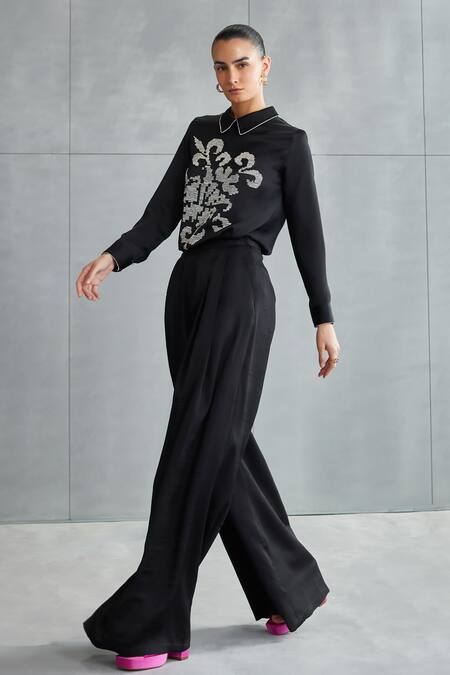 Namrata Joshipura_Black Satin Embellished Floral Collared Neck Hand Top_Online_at_Aza_Fashions