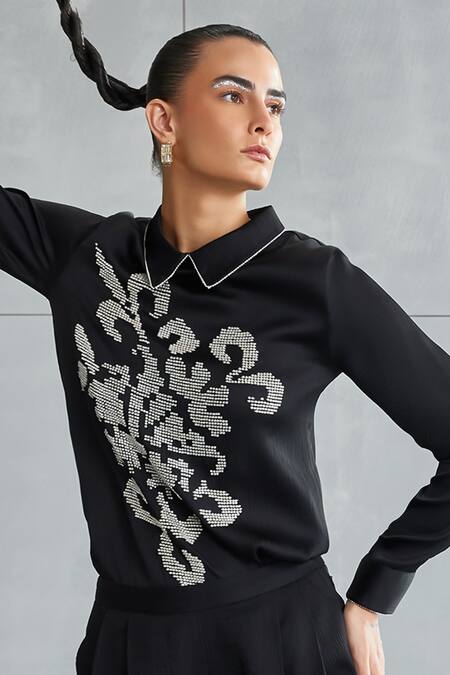 Buy_Namrata Joshipura_Black Satin Embellished Floral Collared Neck Hand Top_Online_at_Aza_Fashions