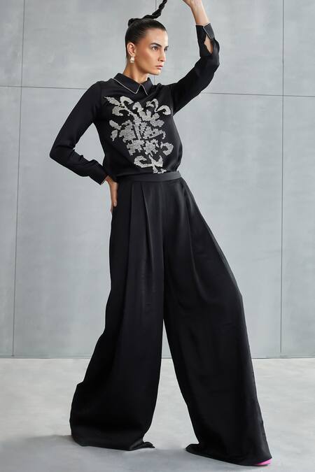 Shop_Namrata Joshipura_Black Satin Embellished Floral Collared Neck Hand Top_Online_at_Aza_Fashions