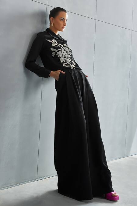 Namrata Joshipura_Black Satin Embellished Floral Collared Neck Hand Top_at_Aza_Fashions