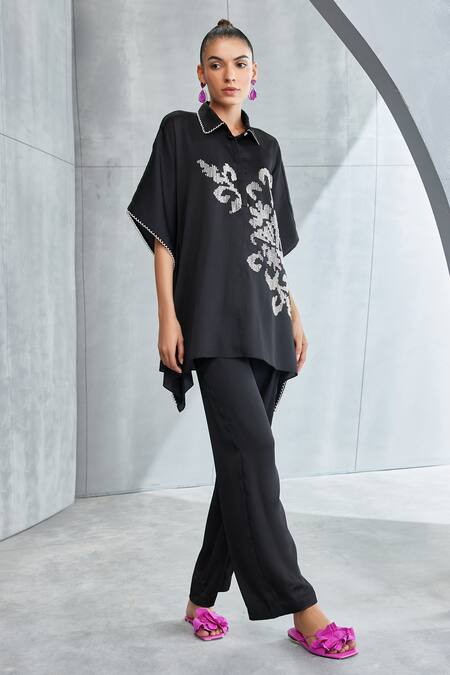 Shop_Namrata Joshipura_Black Satin Embellished Pearl Spread Collar Moon Flower Kaftan And Pant Set_Online_at_Aza_Fashions