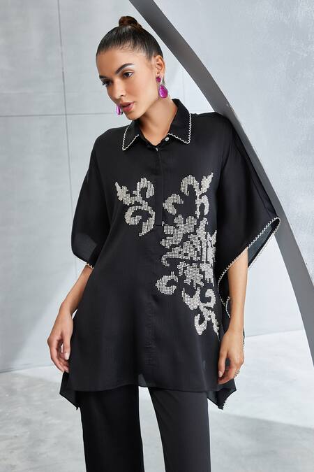 Namrata Joshipura_Black Satin Embellished Pearl Spread Collar Moon Flower Kaftan And Pant Set_at_Aza_Fashions