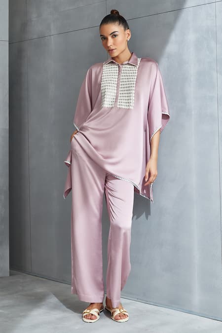 Namrata Joshipura Pink Satin Embellished Sequin Metallic Hexagon Pattern Kaftan And Pant Set