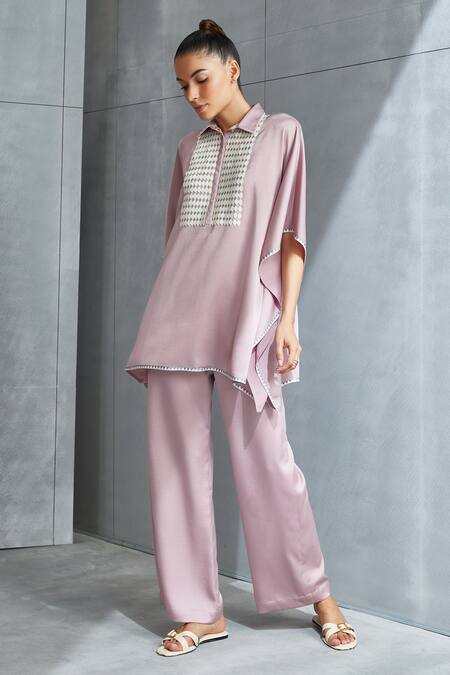 Shop Namrata Joshipura Pink Satin Embellished Sequin Metallic Hexagon Pattern Kaftan And Pant Set Online at Aza Fashions Shop_Namrata Joshipura_Pink Satin Embellished Sequin Metallic Hexagon Pattern Kaftan And Pant Set_Online_at_Aza_Fashions