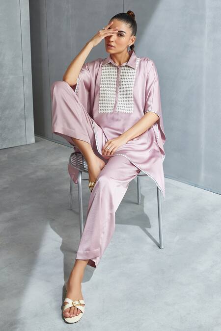 Namrata Joshipura Pink Satin Embellished Sequin Metallic Hexagon Pattern Kaftan And Pant Set at Aza Fashions Namrata Joshipura_Pink Satin Embellished Sequin Metallic Hexagon Pattern Kaftan And Pant Set_at_Aza_Fashions