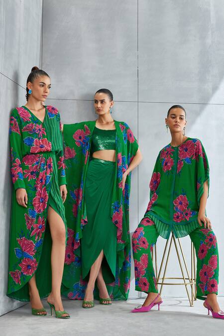 Buy_Namrata Joshipura_Green Georgette Embellished Sequin Round Zinna Floral Pattern Top And Pant Set_Online_at_Aza_Fashions