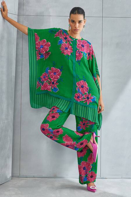 Shop_Namrata Joshipura_Green Georgette Embellished Sequin Round Zinna Floral Pattern Top And Pant Set_Online_at_Aza_Fashions