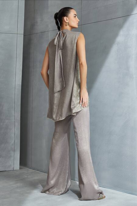 Buy_Namrata Joshipura_Brown Shimmer Chiffon Embellished Sequin Applique Aspen Overlap Top And Pant Set