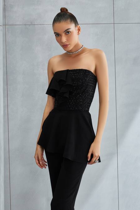 Shop_Namrata Joshipura_Black Textured Crepe Embellished Metallic Hexagon Pattern Peplum Top And Pant Set_Online_at_Aza_Fashions