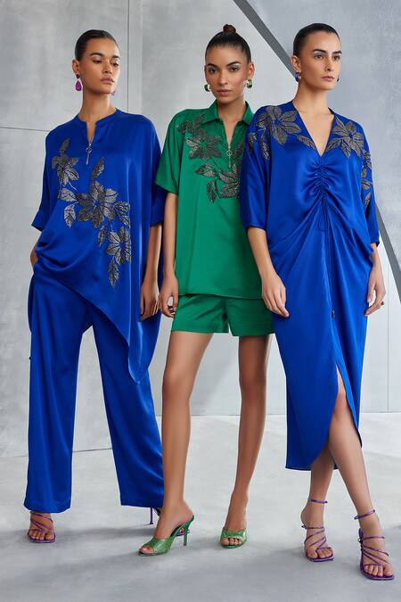 Namrata Joshipura Blue Satin Embroidery V-neck River Leaf Embellished Draped Dress Online at Aza Fashions Namrata Joshipura_Blue Satin Embroidery V-neck River Leaf Embellished Draped Dress _Online_at_Aza_Fashions