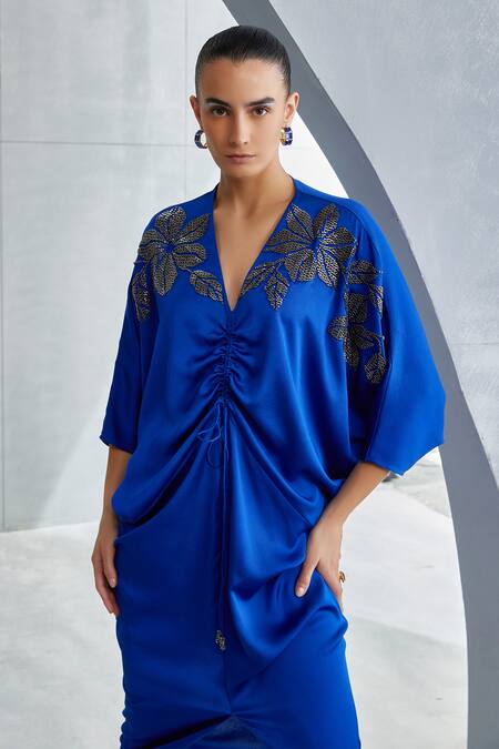 Shop Namrata Joshipura Blue Satin Embroidery V-neck River Leaf Embellished Draped Dress Online at Aza Fashions Shop_Namrata Joshipura_Blue Satin Embroidery V-neck River Leaf Embellished Draped Dress _Online_at_Aza_Fashions