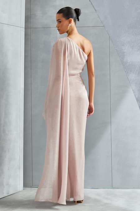 Shop Namrata Joshipura Pink Shimmer Chiffon Embellished Pearl Asymmetric One Shoulder Gown at Aza Fashions Shop_Namrata Joshipura_Pink Shimmer Chiffon Embellished Pearl Asymmetric One Shoulder Gown _at_Aza_Fashions