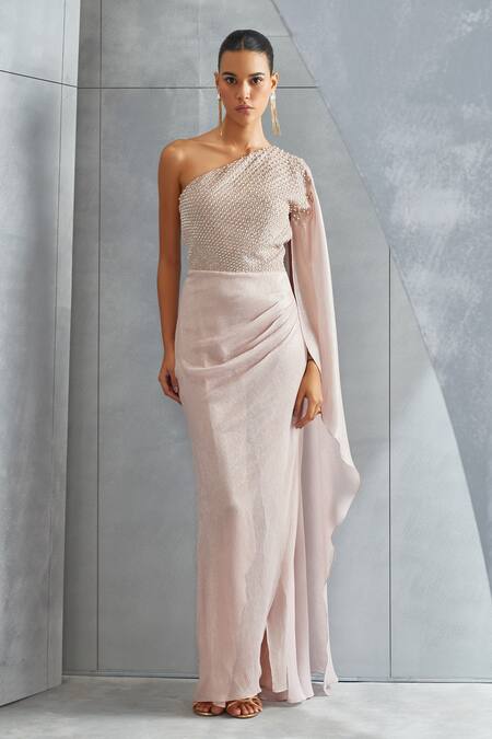 Namrata Joshipura Pink Shimmer Chiffon Embellished Pearl Asymmetric One Shoulder Gown Online at Aza Fashions Namrata Joshipura_Pink Shimmer Chiffon Embellished Pearl Asymmetric One Shoulder Gown _Online_at_Aza_Fashions