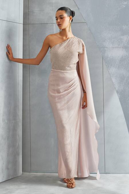 Buy Namrata Joshipura Pink Shimmer Chiffon Embellished Pearl Asymmetric One Shoulder Gown Online at Aza Fashions Buy_Namrata Joshipura_Pink Shimmer Chiffon Embellished Pearl Asymmetric One Shoulder Gown _Online_at_Aza_Fashions