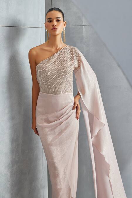 Shop Namrata Joshipura Pink Shimmer Chiffon Embellished Pearl Asymmetric One Shoulder Gown Online at Aza Fashions Shop_Namrata Joshipura_Pink Shimmer Chiffon Embellished Pearl Asymmetric One Shoulder Gown _Online_at_Aza_Fashions
