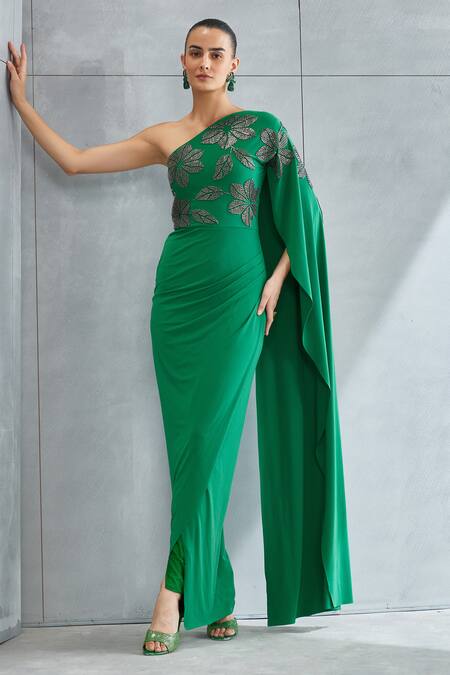 Namrata Joshipura_Green Jersey Embellished Stone Asymmetric River Leaf Pattern Shoulder Gown _Online_at_Aza_Fashions
