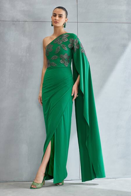 Buy_Namrata Joshipura_Green Jersey Embellished Stone Asymmetric River Leaf Pattern Shoulder Gown _Online_at_Aza_Fashions
