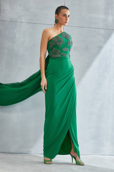 Shop_Namrata Joshipura_Green Jersey Embellished Stone Asymmetric River Leaf Pattern Shoulder Gown _Online_at_Aza_Fashions