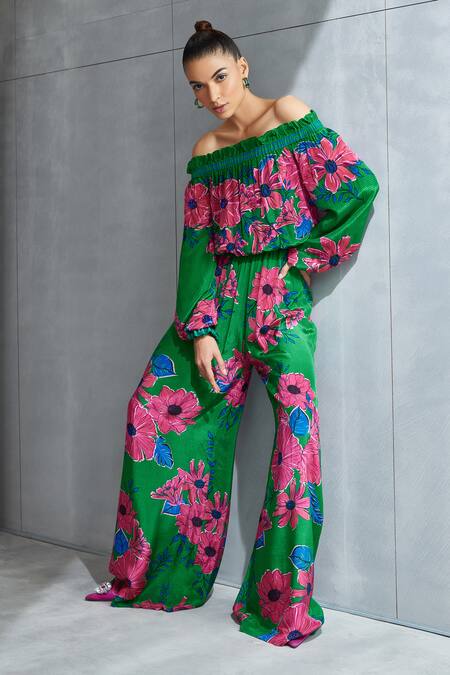 Namrata Joshipura_Green Crepe Embellished Sequin Zinnia Floral Pattern Off Shoulder Jumpsuit_Online_at_Aza_Fashions