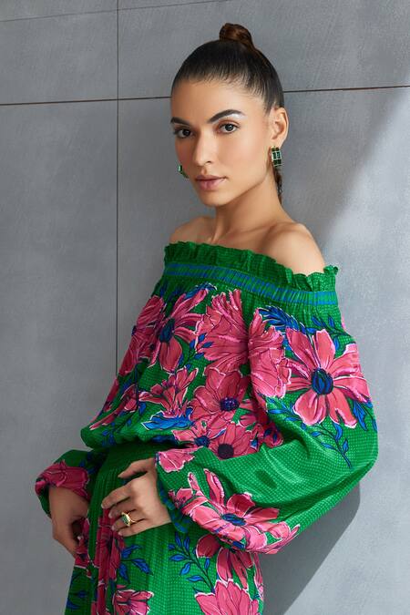 Buy_Namrata Joshipura_Green Crepe Embellished Sequin Zinnia Floral Pattern Off Shoulder Jumpsuit_Online_at_Aza_Fashions