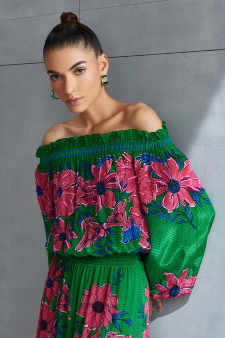 Shop_Namrata Joshipura_Green Crepe Embellished Sequin Zinnia Floral Pattern Off Shoulder Jumpsuit_Online_at_Aza_Fashions