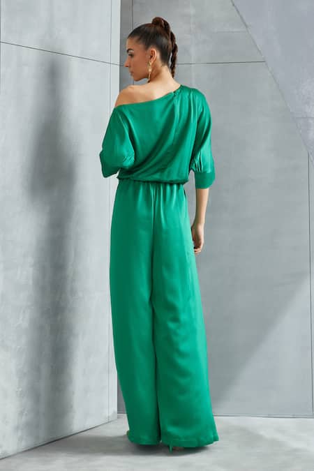 Shop Namrata Joshipura Green Satin Embellished Stone River Leaf Pattern Drop Shoulder Jumpsuit at Aza Fashions Shop_Namrata Joshipura_Green Satin Embellished Stone River Leaf Pattern Drop Shoulder Jumpsuit _at_Aza_Fashions