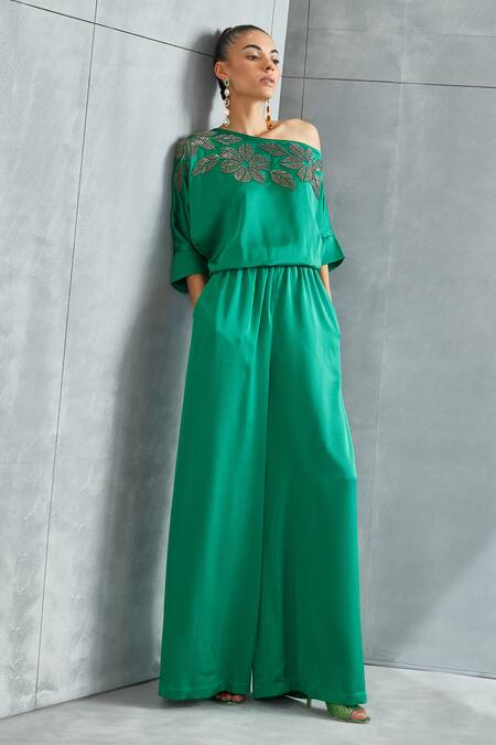 Namrata Joshipura Green Satin Embellished Stone River Leaf Pattern Drop Shoulder Jumpsuit Online at Aza Fashions Namrata Joshipura_Green Satin Embellished Stone River Leaf Pattern Drop Shoulder Jumpsuit _Online_at_Aza_Fashions