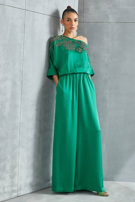 Buy Namrata Joshipura Green Satin Embellished Stone River Leaf Pattern Drop Shoulder Jumpsuit Online at Aza Fashions Buy_Namrata Joshipura_Green Satin Embellished Stone River Leaf Pattern Drop Shoulder Jumpsuit _Online_at_Aza_Fashions