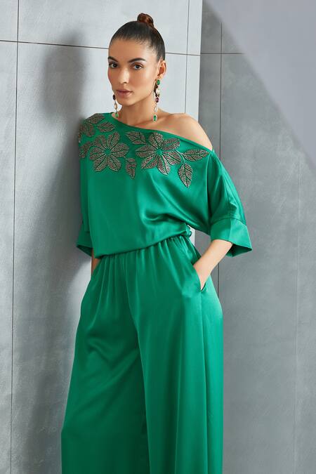 Shop Namrata Joshipura Green Satin Embellished Stone River Leaf Pattern Drop Shoulder Jumpsuit Online at Aza Fashions Shop_Namrata Joshipura_Green Satin Embellished Stone River Leaf Pattern Drop Shoulder Jumpsuit _Online_at_Aza_Fashions