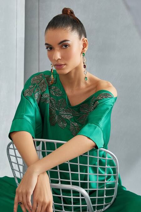 Namrata Joshipura Green Satin Embellished Stone River Leaf Pattern Drop Shoulder Jumpsuit at Aza Fashions Namrata Joshipura_Green Satin Embellished Stone River Leaf Pattern Drop Shoulder Jumpsuit _at_Aza_Fashions