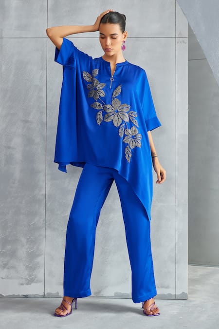 Namrata Joshipura Blue Satin Embellished Stone Mandarin Collar Riverleaf Floral Asymmetric Tunic