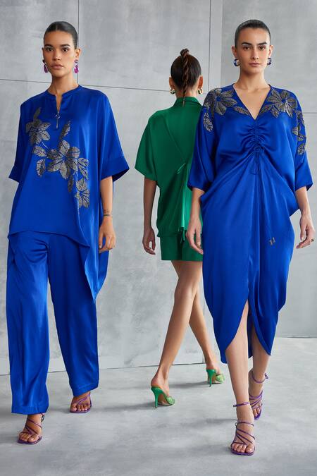 Namrata Joshipura Blue Satin Embellished Stone Mandarin Collar Riverleaf Floral Asymmetric Tunic Online at Aza Fashions Namrata Joshipura_Blue Satin Embellished Stone Mandarin Collar Riverleaf Floral Asymmetric Tunic _Online_at_Aza_Fashions