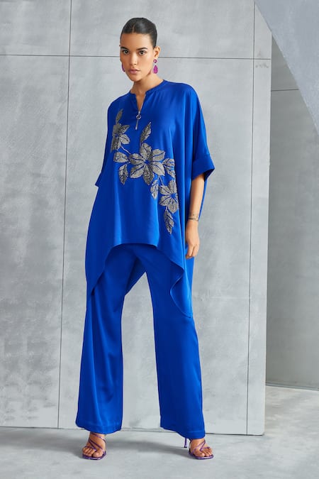 Buy Namrata Joshipura Blue Satin Embellished Stone Mandarin Collar Riverleaf Floral Asymmetric Tunic Online at Aza Fashions Buy_Namrata Joshipura_Blue Satin Embellished Stone Mandarin Collar Riverleaf Floral Asymmetric Tunic _Online_at_Aza_Fashions