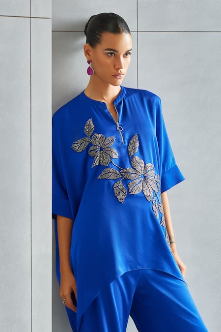 Shop Namrata Joshipura Blue Satin Embellished Stone Mandarin Collar Riverleaf Floral Asymmetric Tunic Online at Aza Fashions Shop_Namrata Joshipura_Blue Satin Embellished Stone Mandarin Collar Riverleaf Floral Asymmetric Tunic _Online_at_Aza_Fashions