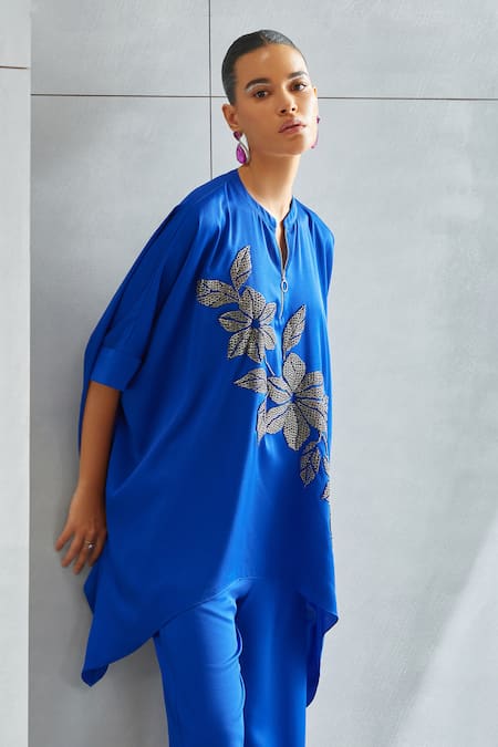 Namrata Joshipura Blue Satin Embellished Stone Mandarin Collar Riverleaf Floral Asymmetric Tunic at Aza Fashions Namrata Joshipura_Blue Satin Embellished Stone Mandarin Collar Riverleaf Floral Asymmetric Tunic _at_Aza_Fashions
