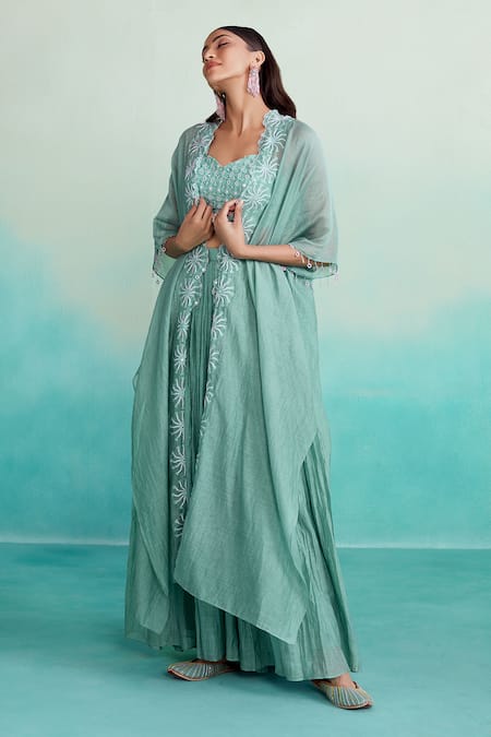 The Right Cut Green Chanderi Mirrors, Embroidery Sweetheart Neck Zephyr Hand Cape Sharara Set at Aza Fashions The Right Cut_Green Chanderi Mirrors, Embroidery Sweetheart Neck Zephyr Hand Cape Sharara Set _at_Aza_Fashions