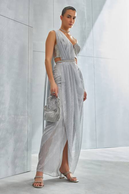 Namrata Joshipura_Silver Crepe Sequins Sweetheart Neck Pre-draped Saree With Embellished Blouse_at_Aza_Fashions